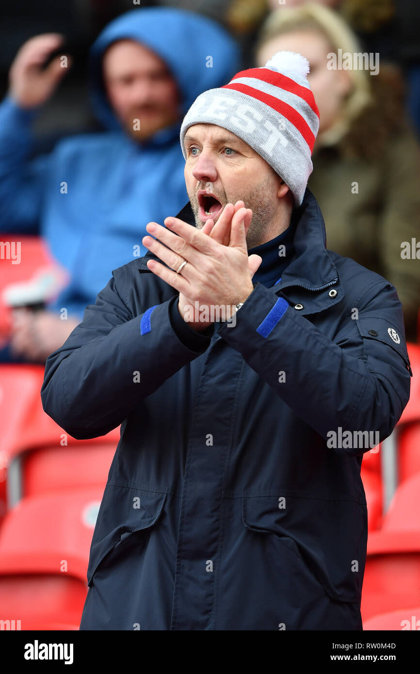 2nd March 2019, Bet 365 Stadium, Stoke-on-Trent, England; Sky Bet Championship, Stoke City vs Nottingham Forest ; Forest supporter   Credit: Jon Hobley/News Images  English Football League images are subject to DataCo Licence Stock Photo