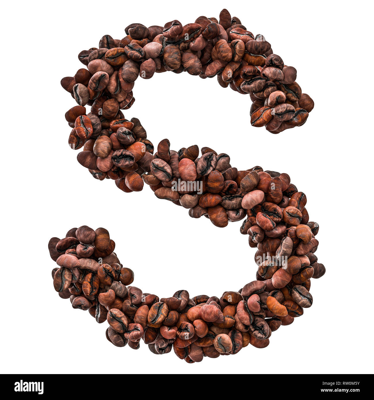 Alphabet letter S from roasted coffee beans, 3D rendering isolated on white background Stock Photo