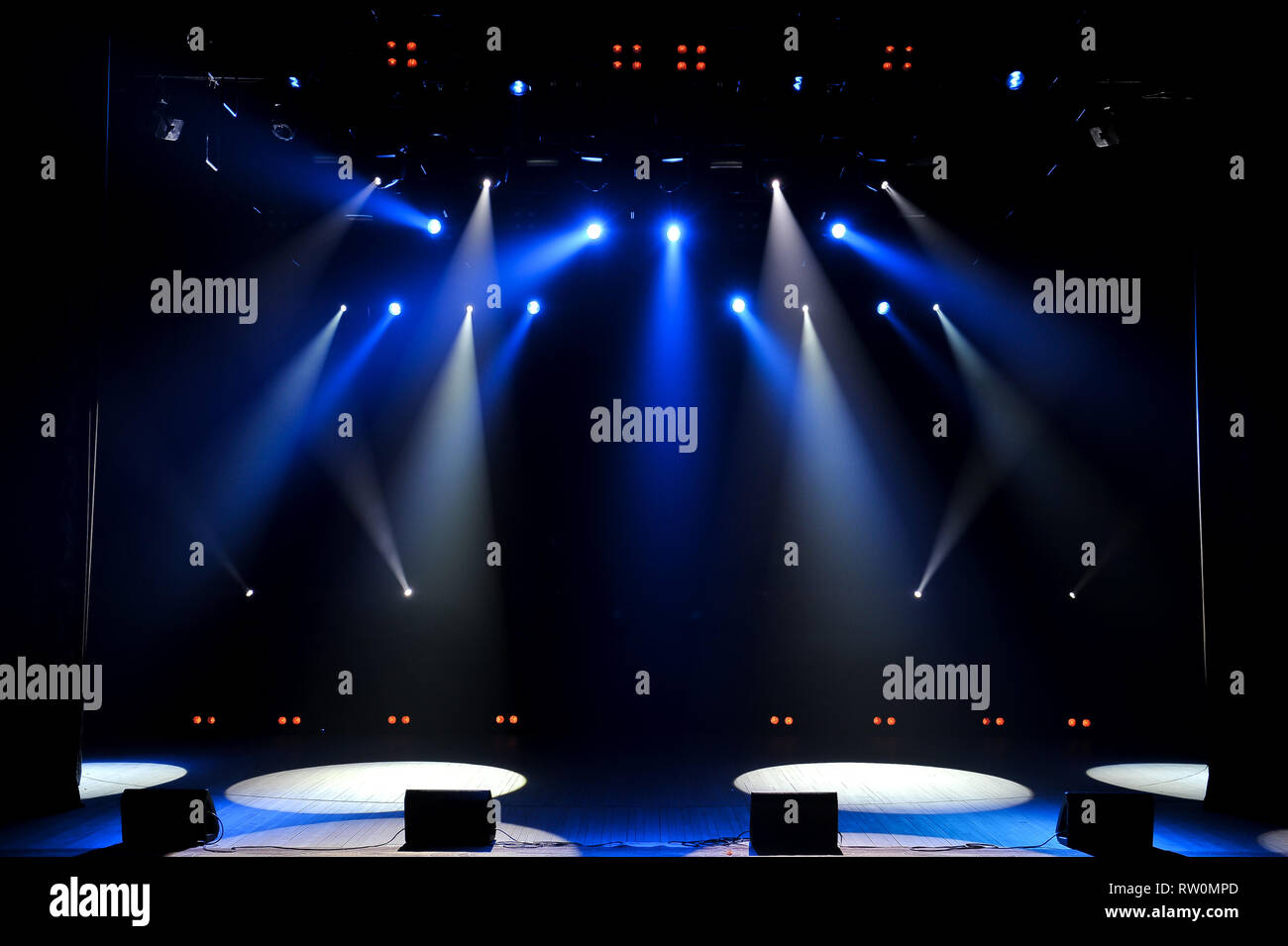Free stage with lights, background of empty stage, spotlight, neon