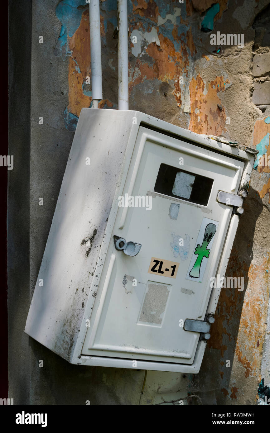 Electrical box on the old bar building in the village. Bieszczady