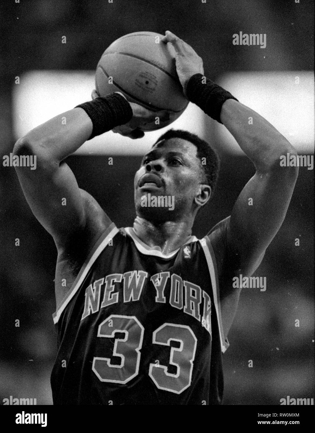 New York Knicks Patrick Ewing at the free throw line during game action against the Boston Celtics at the Fleet Center in Boston Ma USA March 8,1995 photo by bill belknap Stock Photo