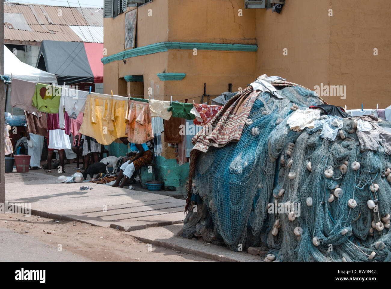 A photo of a pile of fishing net at a fisherman's yard in the town of Elmina, Ghana, West Africa Stock Photo