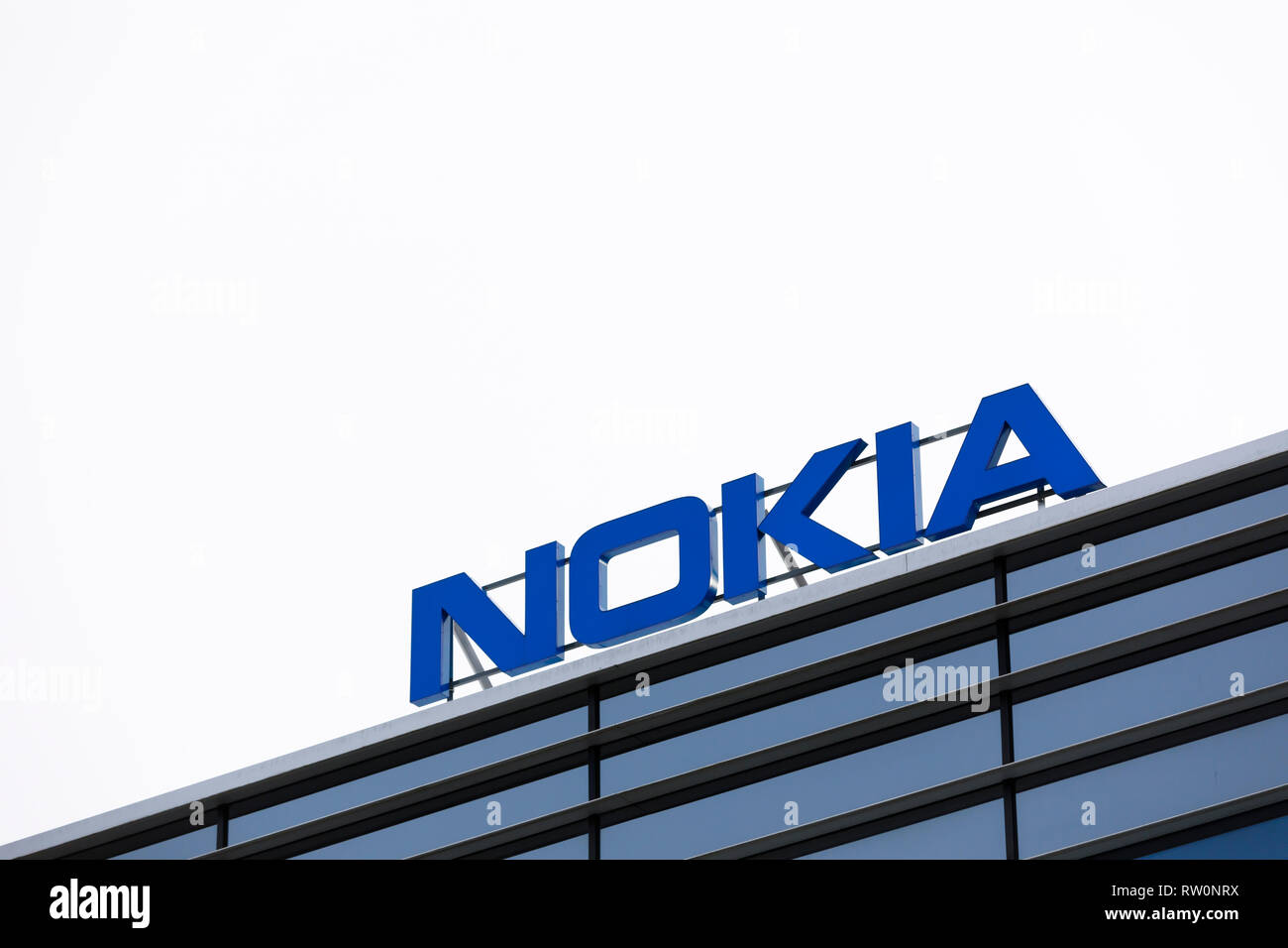 ESPOO, FINLAND - MARCH 03, 2019: Big Nokia brand name on top of an office building in Nokia Campus in Espoo, Finland Stock Photo