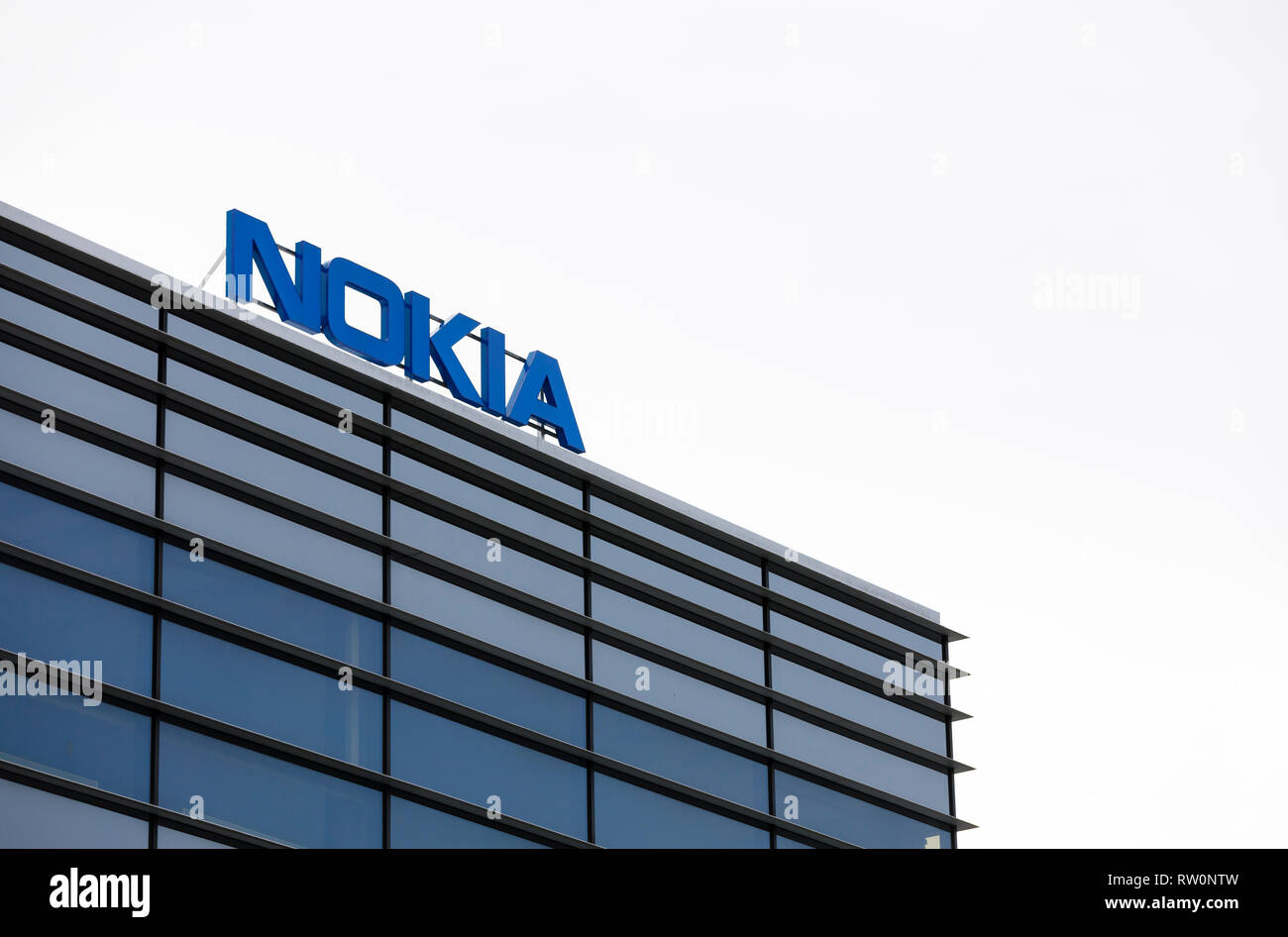 ESPOO, FINLAND - MARCH 03, 2019: Big Nokia brand name on top of an office building in Nokia Campus in Espoo, Finland Stock Photo