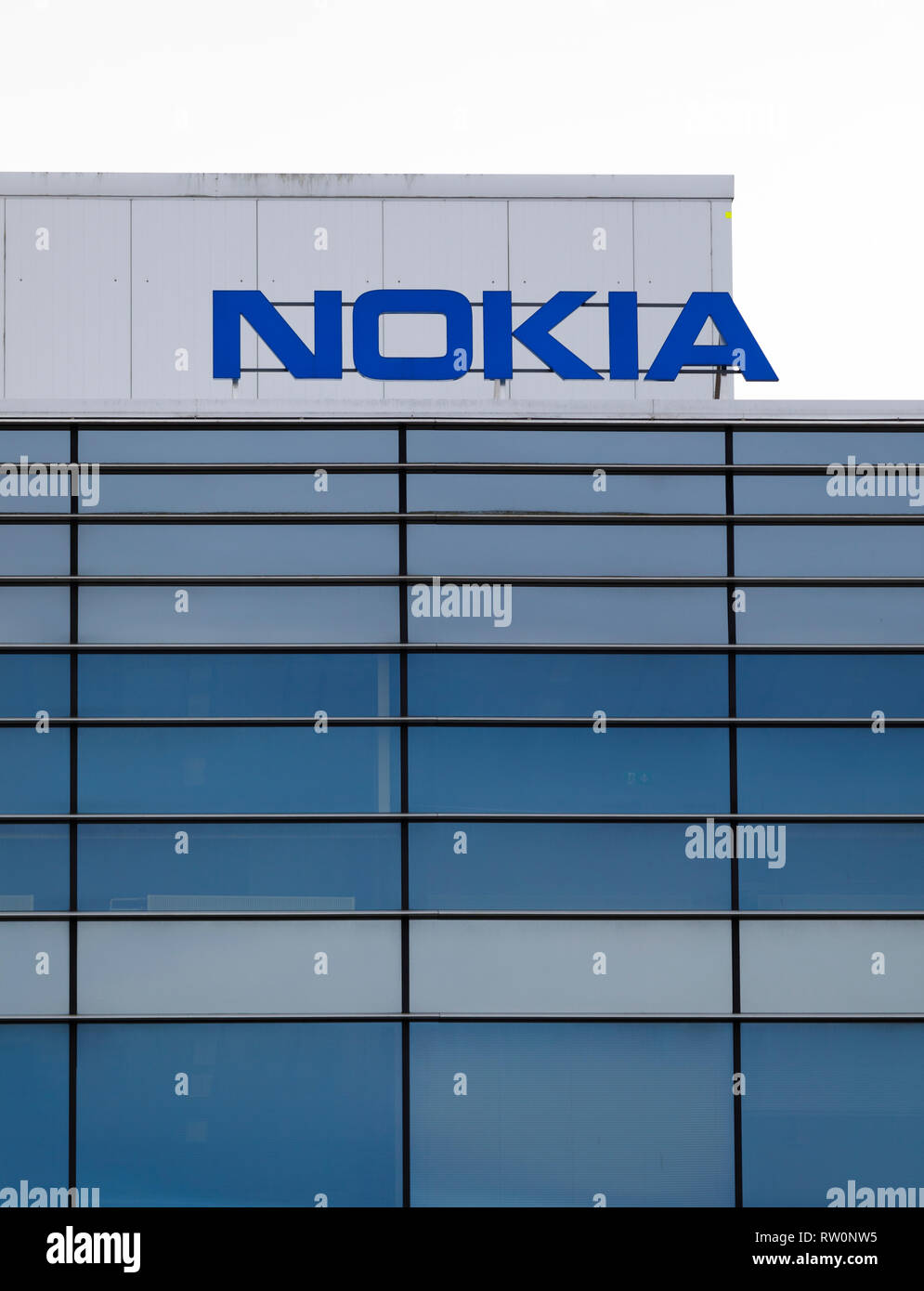 ESPOO, FINLAND - MARCH 03, 2019: Big Nokia brand name on top of an office building in Nokia Campus in Espoo, Finland Stock Photo