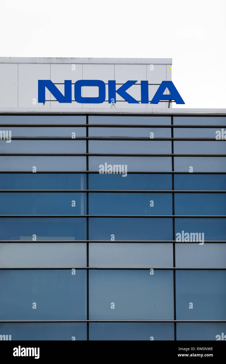 ESPOO, FINLAND - MARCH 03, 2019: Big Nokia brand name on top of an office building in Nokia Campus in Espoo, Finland Stock Photo