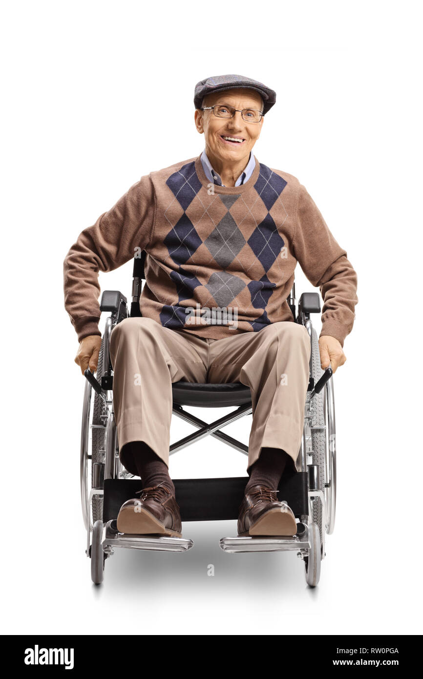 Full length portrait of an elderly disabled man in a wheelchair manually pushing the wheels isolated on white background Stock Photo