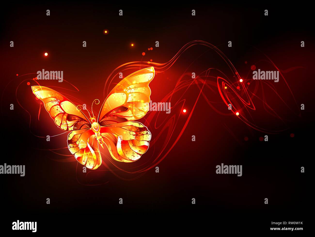 Flying fiery sparkling fire butterfly on black background. Stock Vector