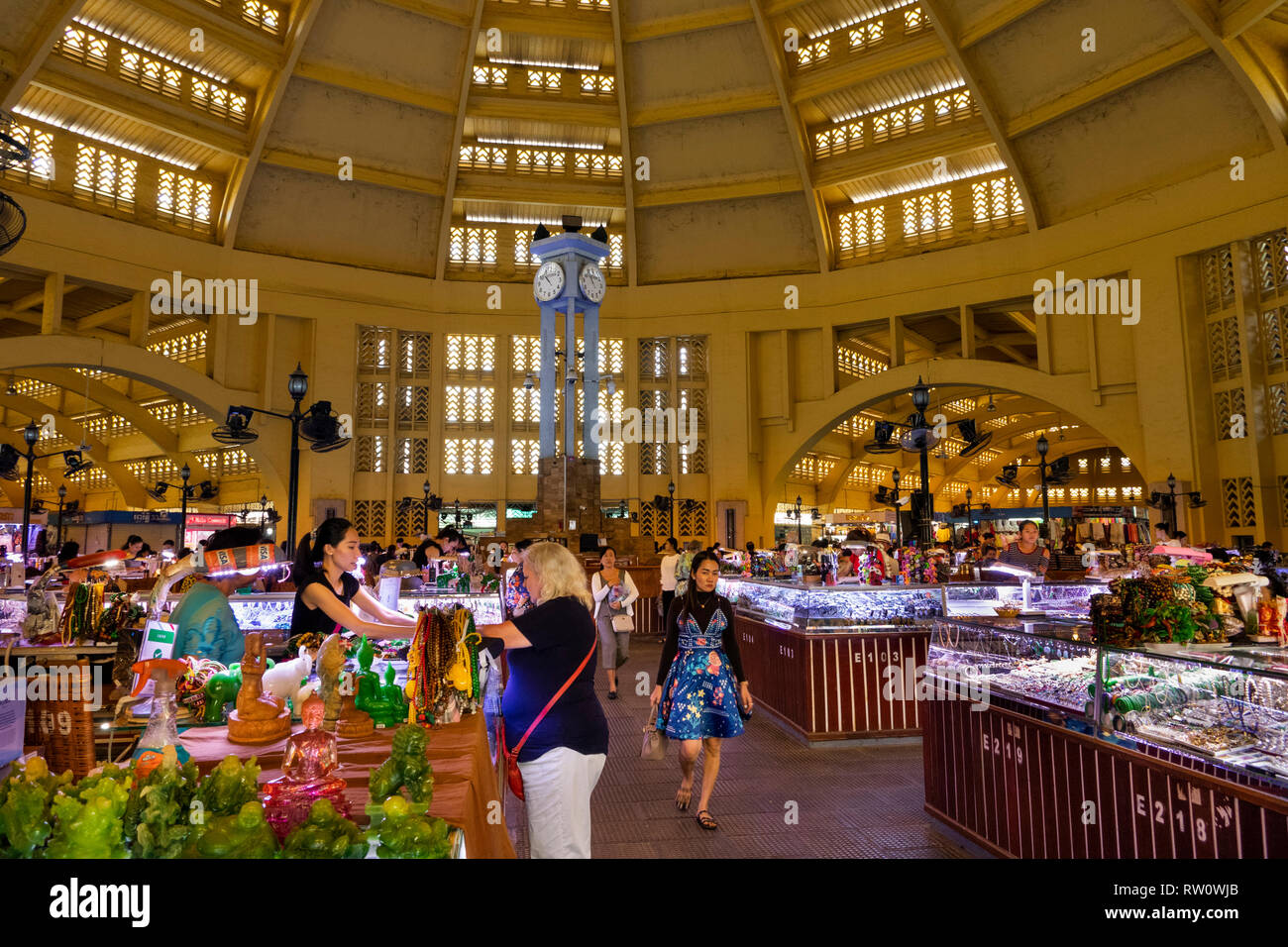 Cambodia, Phnom Penh, City Centre, Phsar Thmey, Central Market, interior, shoppers amongst stalls under central done Stock Photo