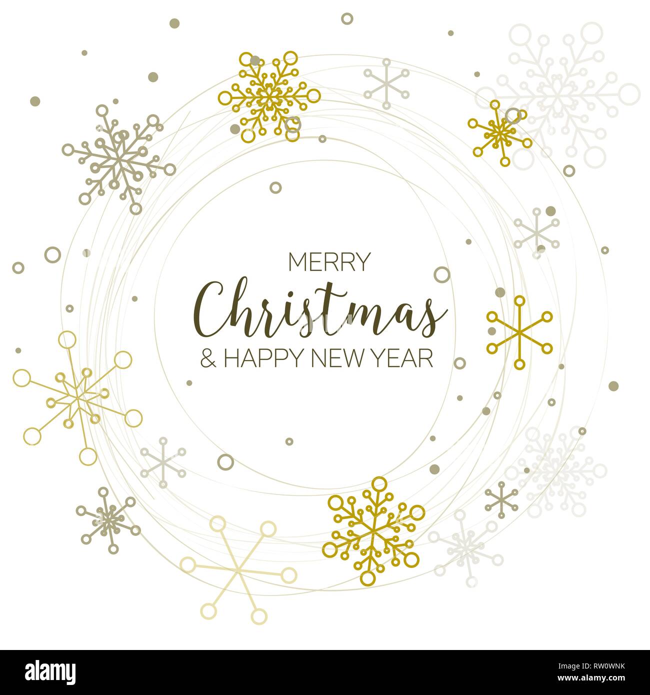 Retro simple Christmas card with circle of golden snowflakes on white ...