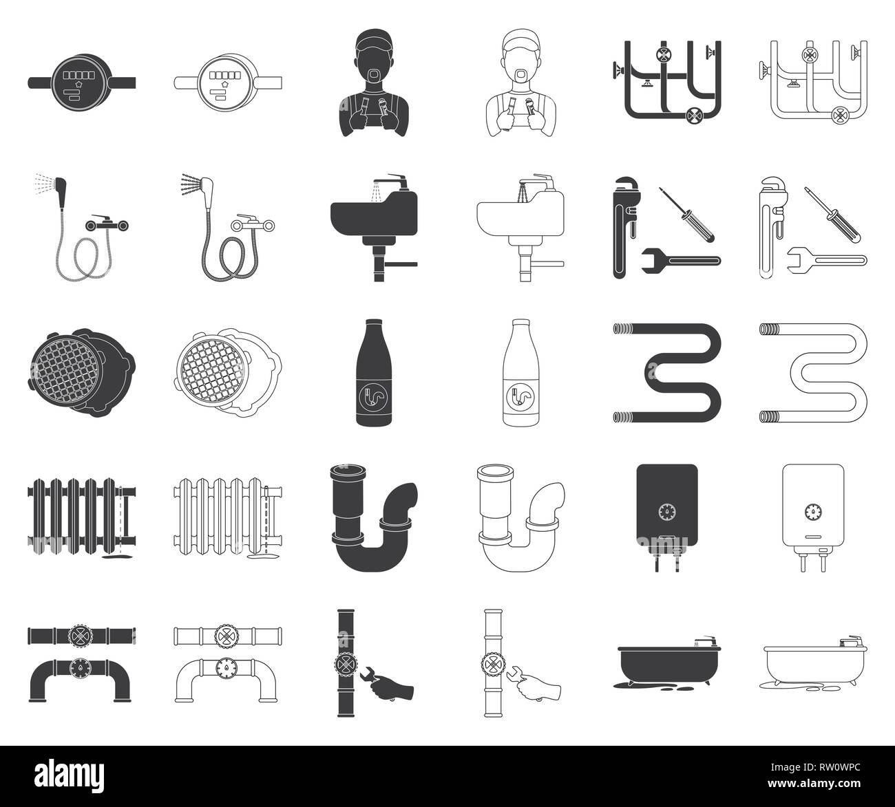 art,bath,bathtub,black,outline,boiler,cleaner,collection,components,design,drain,equipment,fitting,heated,icon,illustration,isolated,logo,maintenance,manhole,meter,mixer,pipes,plumber,plumbing,radiator,rail,repair,service,set,sign,sink,symbol,tool,toolbox,towel,trap,valve,vector,water,web,wrench, Vector Vectors , Stock Vector