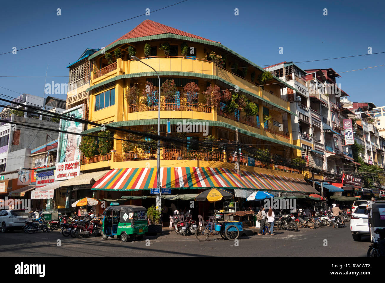 Cambodia, Phnom Penh, City Centre, Preah Ang Eng, Street 13, striped awning of corner shop near Phsar Kandal Stock Photo