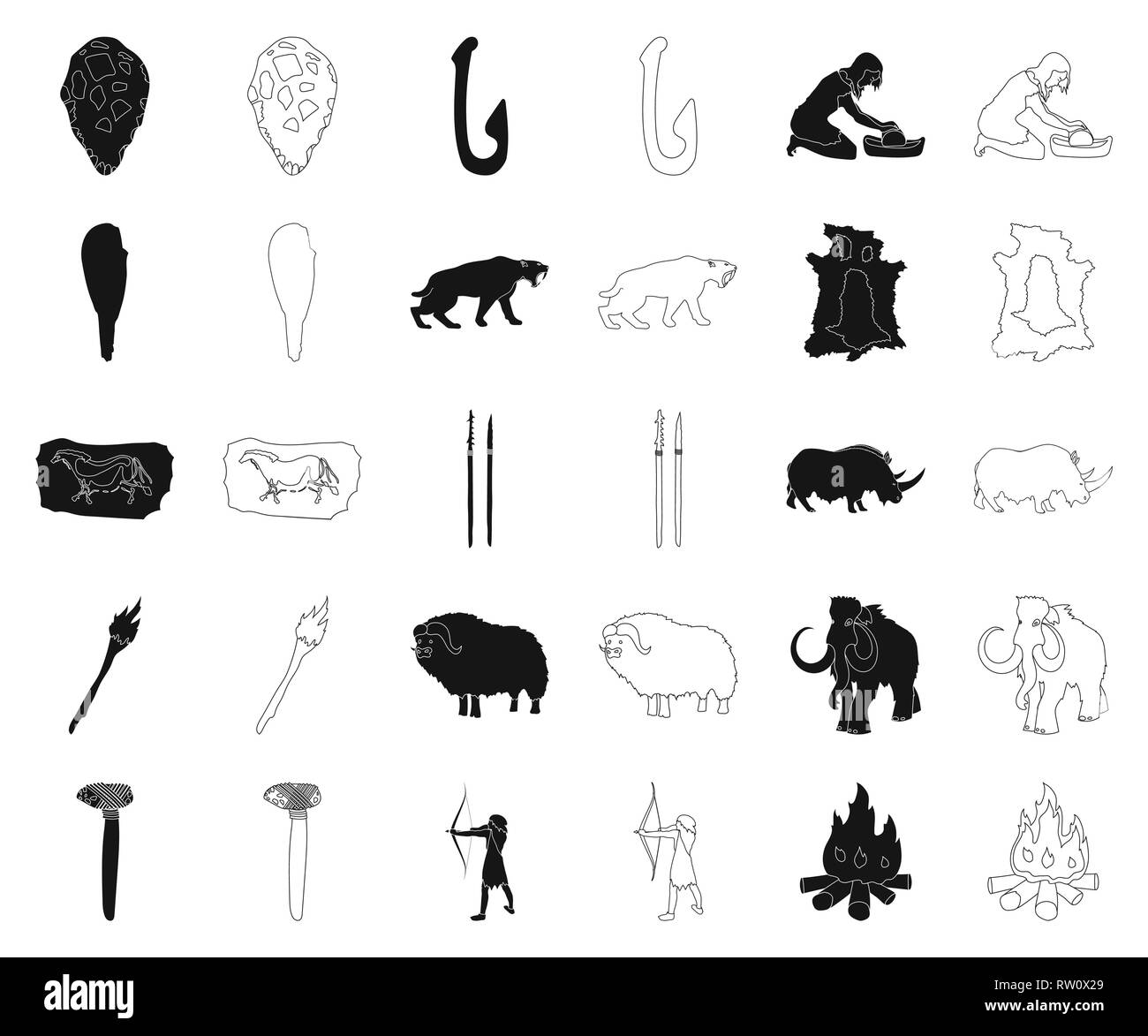 age,ancient,animal,antiquity,arrow,axe,beginning,black,outline,bone,bow,campfire,caveman,cavewoman,collection,culture,design,development,epoch,fauna,fish,grindstone,hide,hook,humanity,icon,illustration,isolated,life,logo,man,muskox,painting,people,period,rhinoceros,saber-toothed,set,sign,spears,stone,survival,symbol,tiger,tool,torch,truncheon,vector,venus,web,woolly mammoth Vector Vectors , Stock Vector