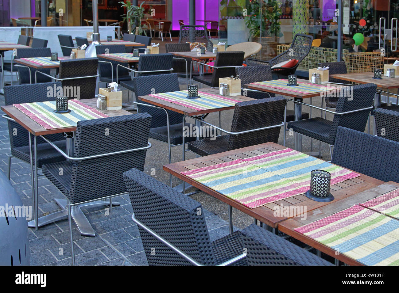 Empty Tables in Front of Restaurant in London Stock Photo