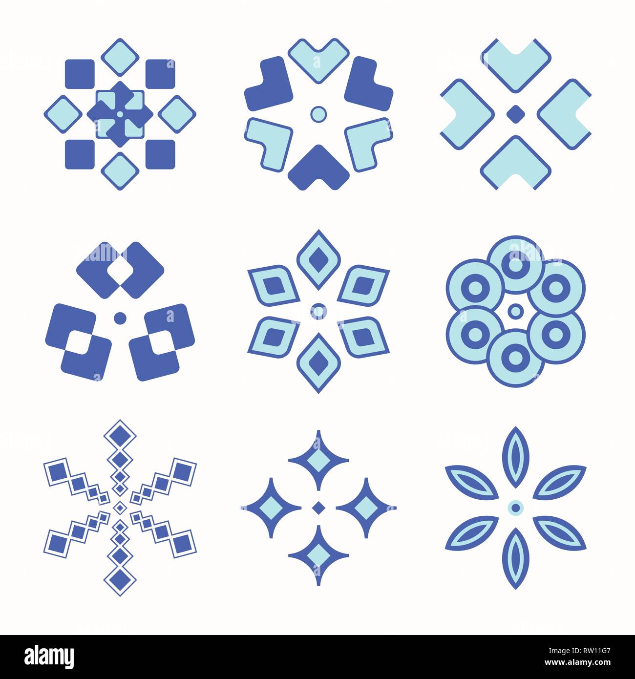 Set of 9 symmetric geometric shapes. Abstract vector symbols. Color illustrations. Stock Vector