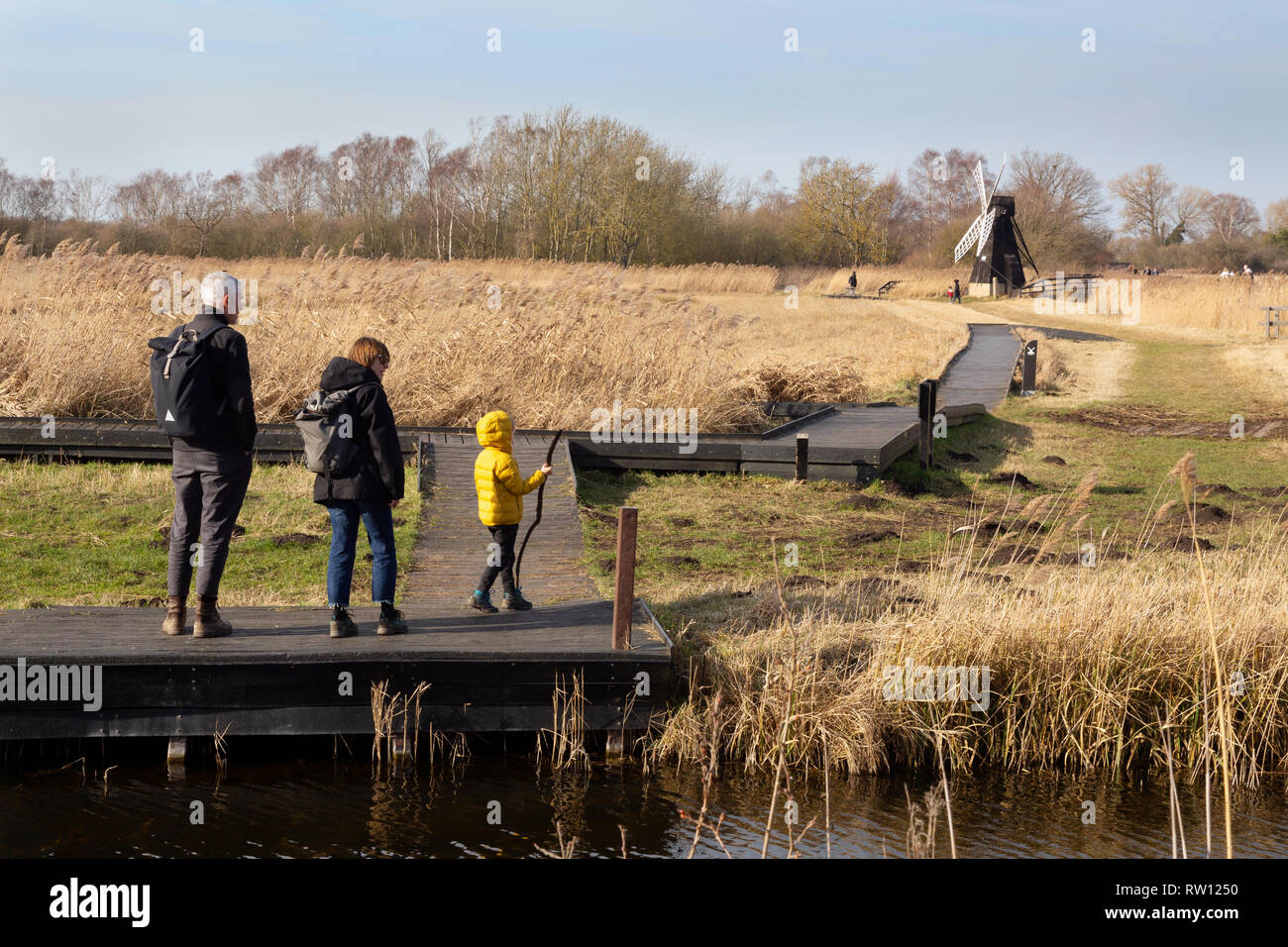 A family walking in Wicken Fen, Wicken, Cambridgeshire countryside, East Anglia UK Stock Photo