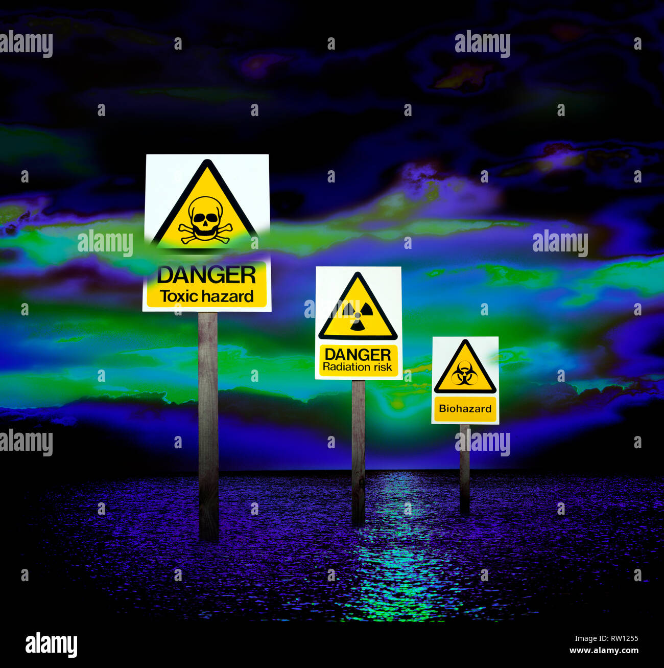 Hazard signs warn of danger in a digital dystopia of polluted air and water, of swirling oil slicks where once were clouds... Stock Photo