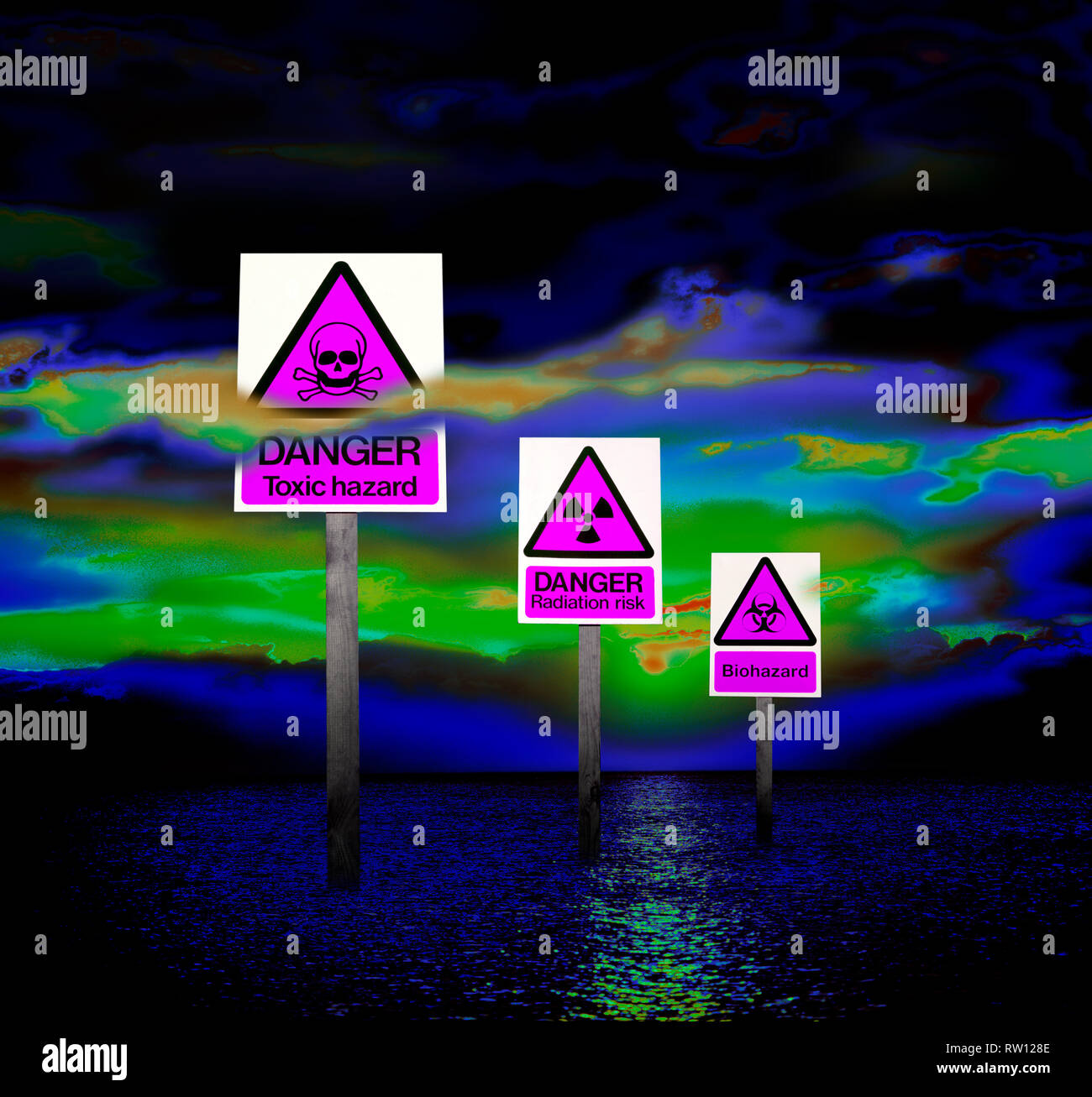 Hazard signs warn of danger in a digital dystopia of polluted air and water, of swirling oil slicks where once were clouds... Stock Photo