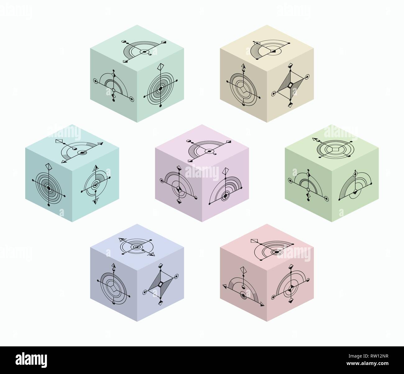 3D cubes with abstract symbols on each side. Set of colored spatial figures. Flat isometric graphics. Vector illustrations. Geometric logos isolated. Stock Vector