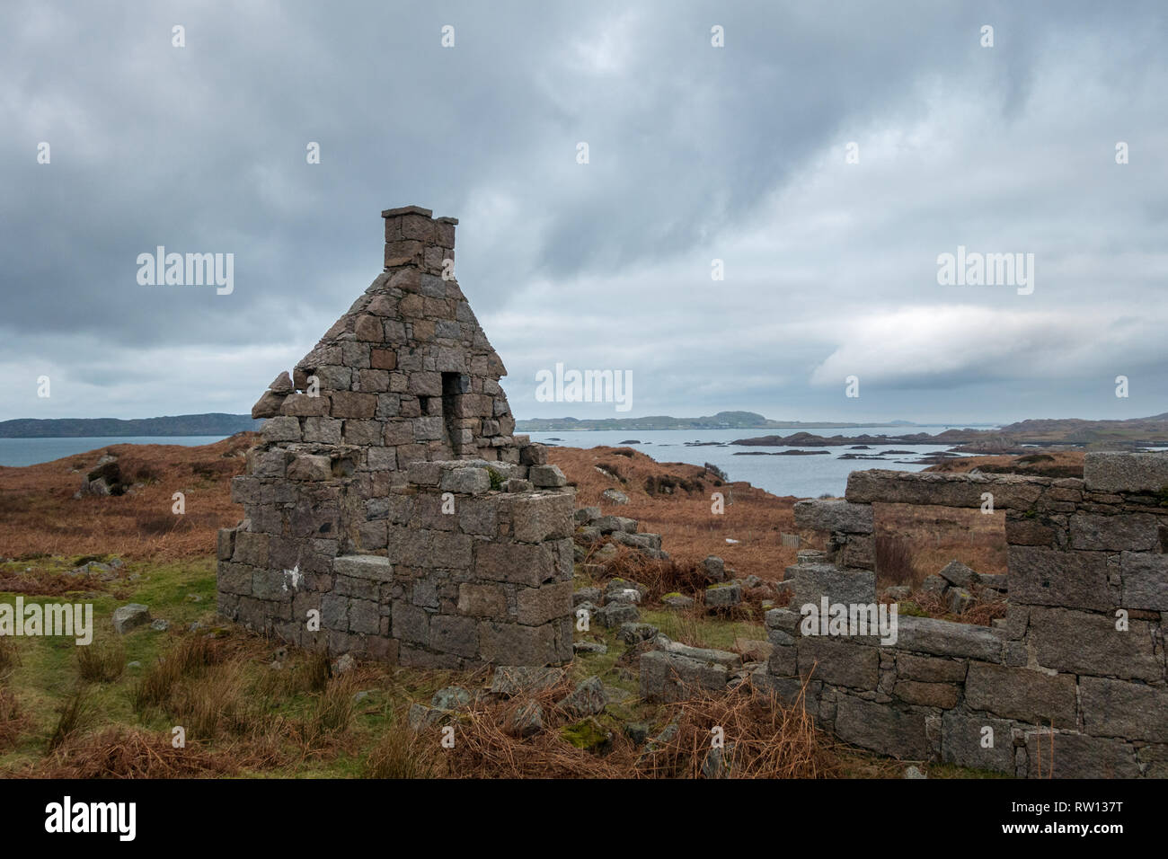 Ruined cottage on Erraid island in winter, Mull, Scotland Stock Photo