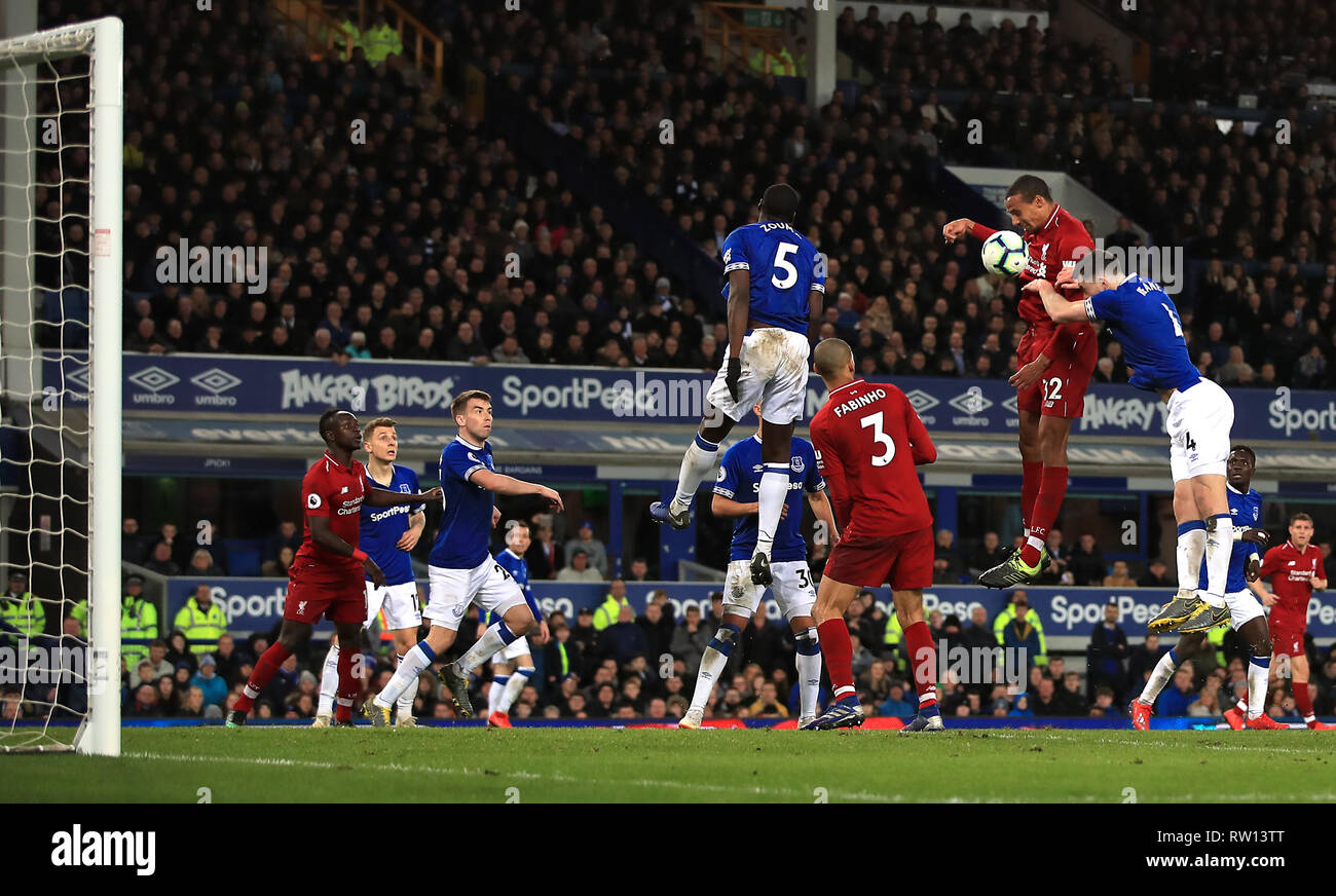 Liverpool's Joel Matip (second right) in action during the Premier League match at Goodison Park, Liverpool. Stock Photo