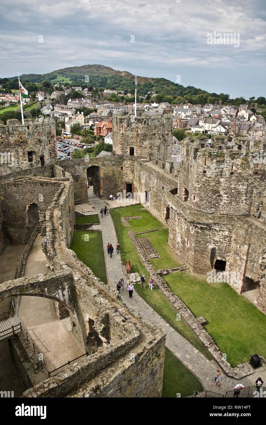 A view from a tower down onto the inside of Conwy Castle, Conwy, North Wales, UK Stock Photo