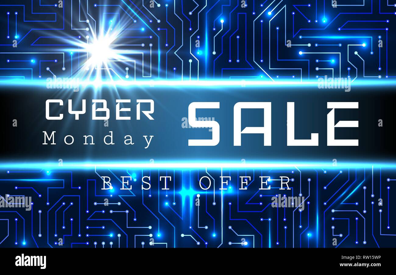Cyber Monday Sale Vector Banner Template Blue Shining Binary Code