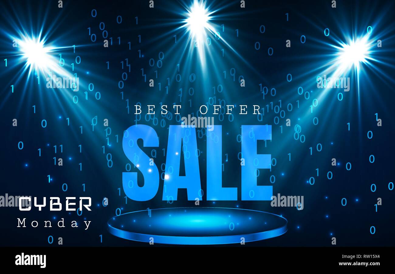 Cyber Monday Sale vector banner template. Blue shining binary code background with arrows and sample text Stock Vector