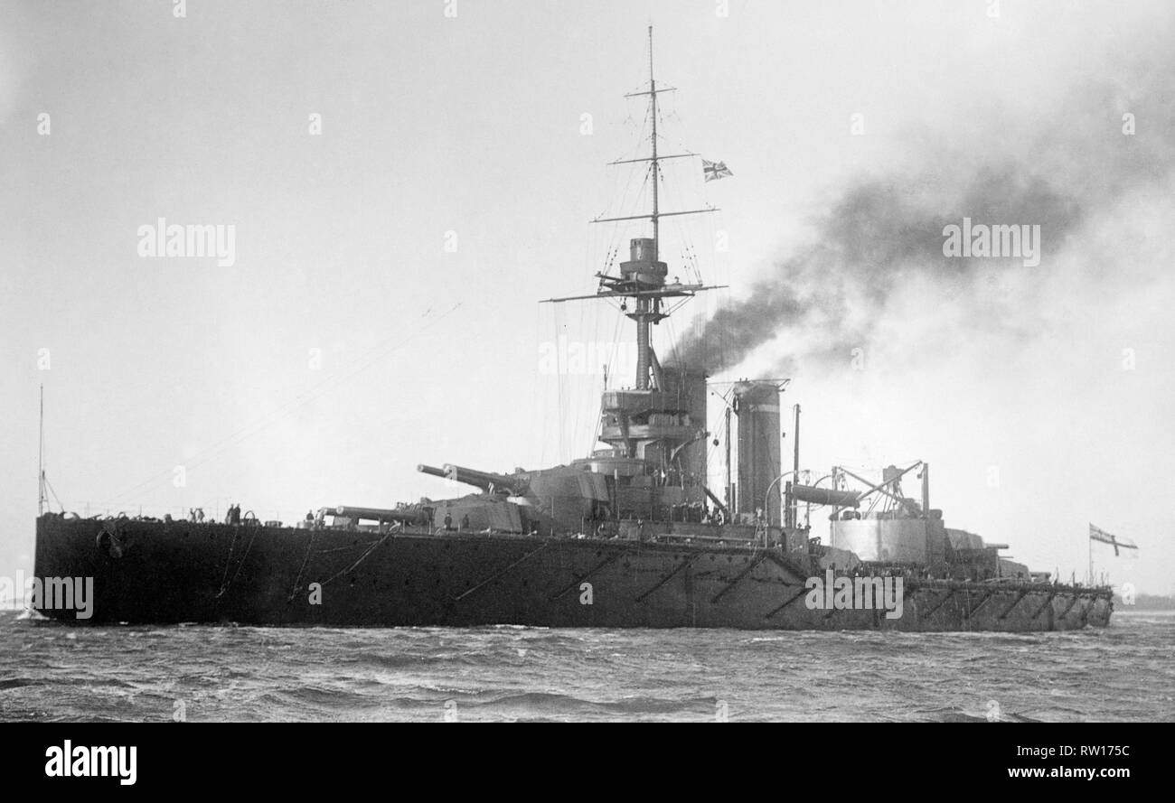 HMS audacious fourth and last of the king george v class dreadnough battleship completed in 1913 and sunk by a german naval mine off the coast of donegal ireland in october 1914  Image updated using digital restoration and retouching techniques Stock Photo