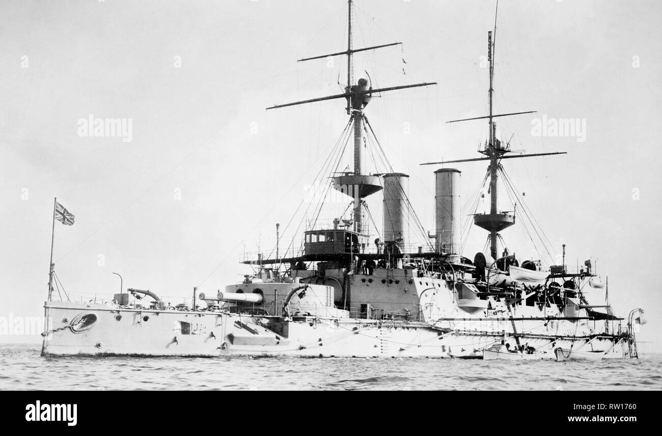 HMS Hood built in 1891 modified royal sovereign class pre-dreadnought battleship of the royal navy  Image updated using digital restoration and retouching techniques Stock Photo
