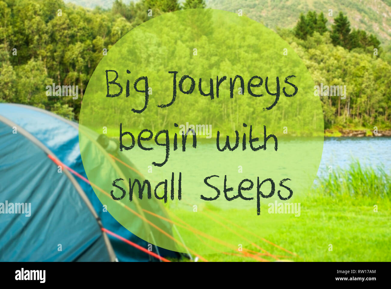 Lake Camping, Quote Big Journeys Begin With Small Steps Stock Photo Alamy