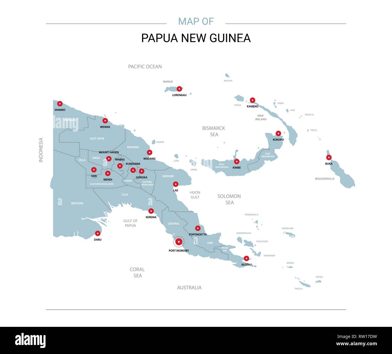 Papua New Guinea vector map. Editable template with regions, cities, red pins and blue surface on white background. Stock Vector