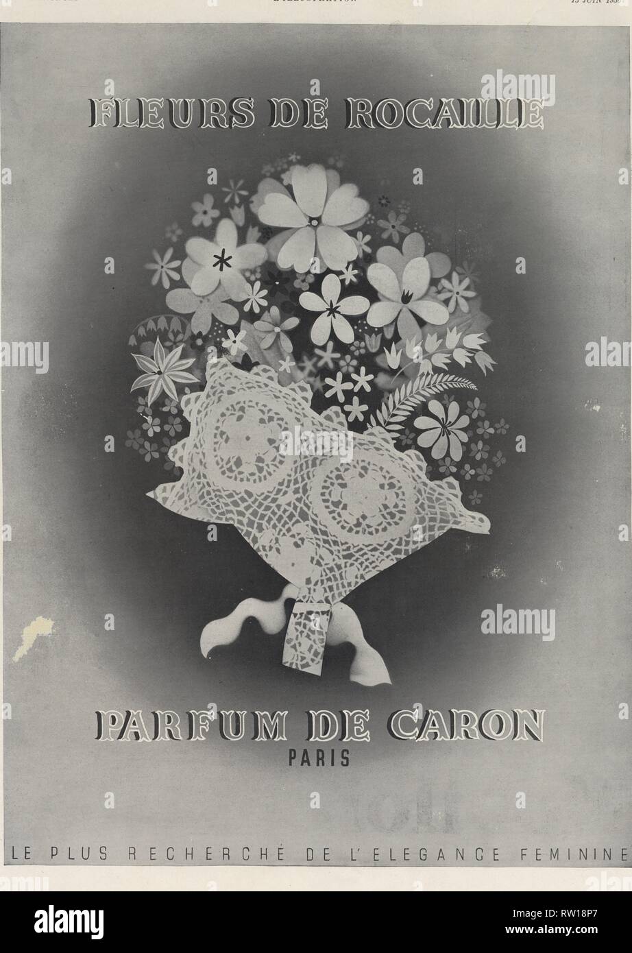 Publicité ancienne.13 juin 1936. Fleurs de rocaille. Parfum de Caron Paris. Stock Photo