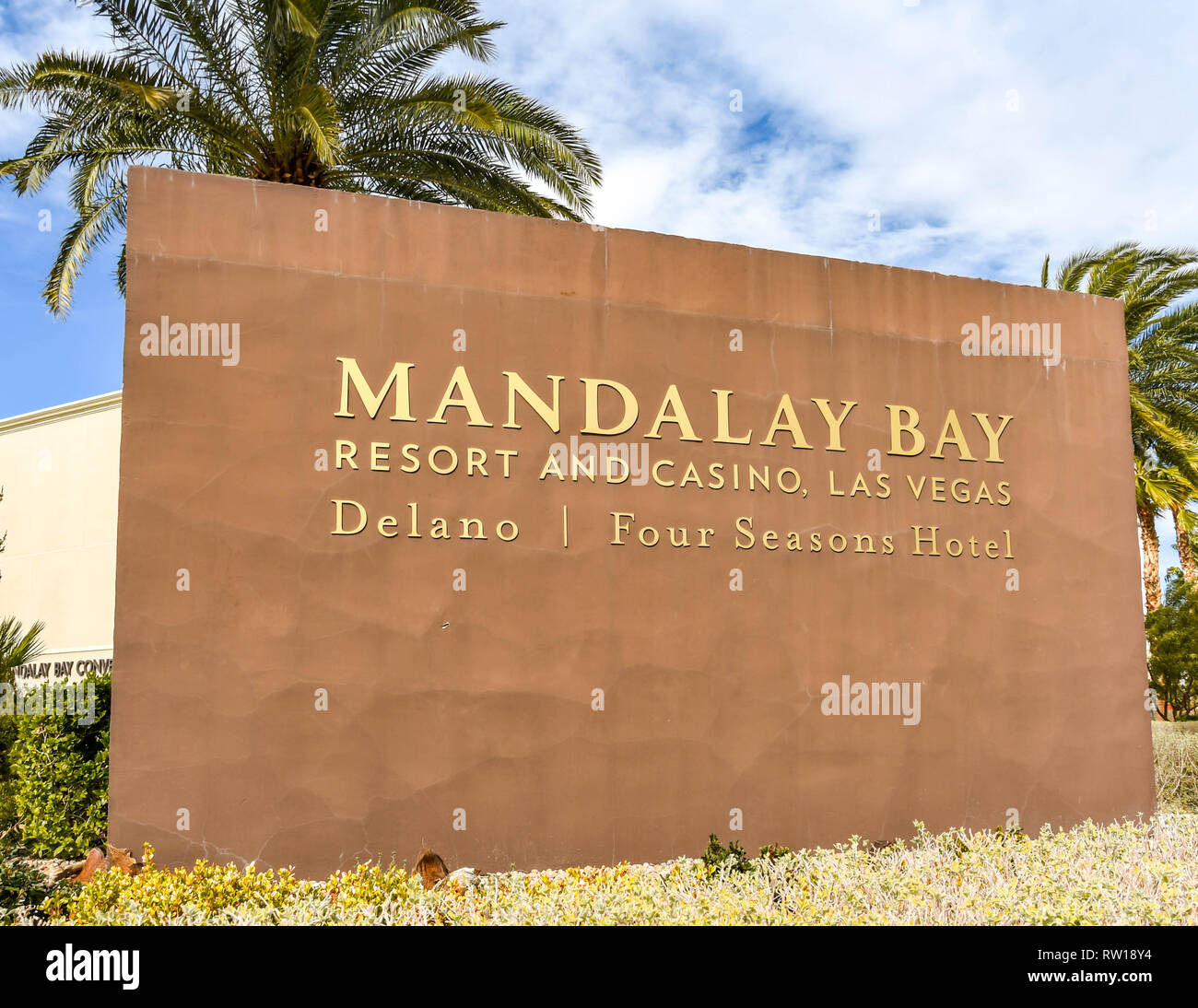 LAS VEGAS, NV, USA - FEBRUARY 2019: Wide angle view of the sign outside the Mandalay Bay Hotel and Resort on Las Vegas Boulevard. Stock Photo