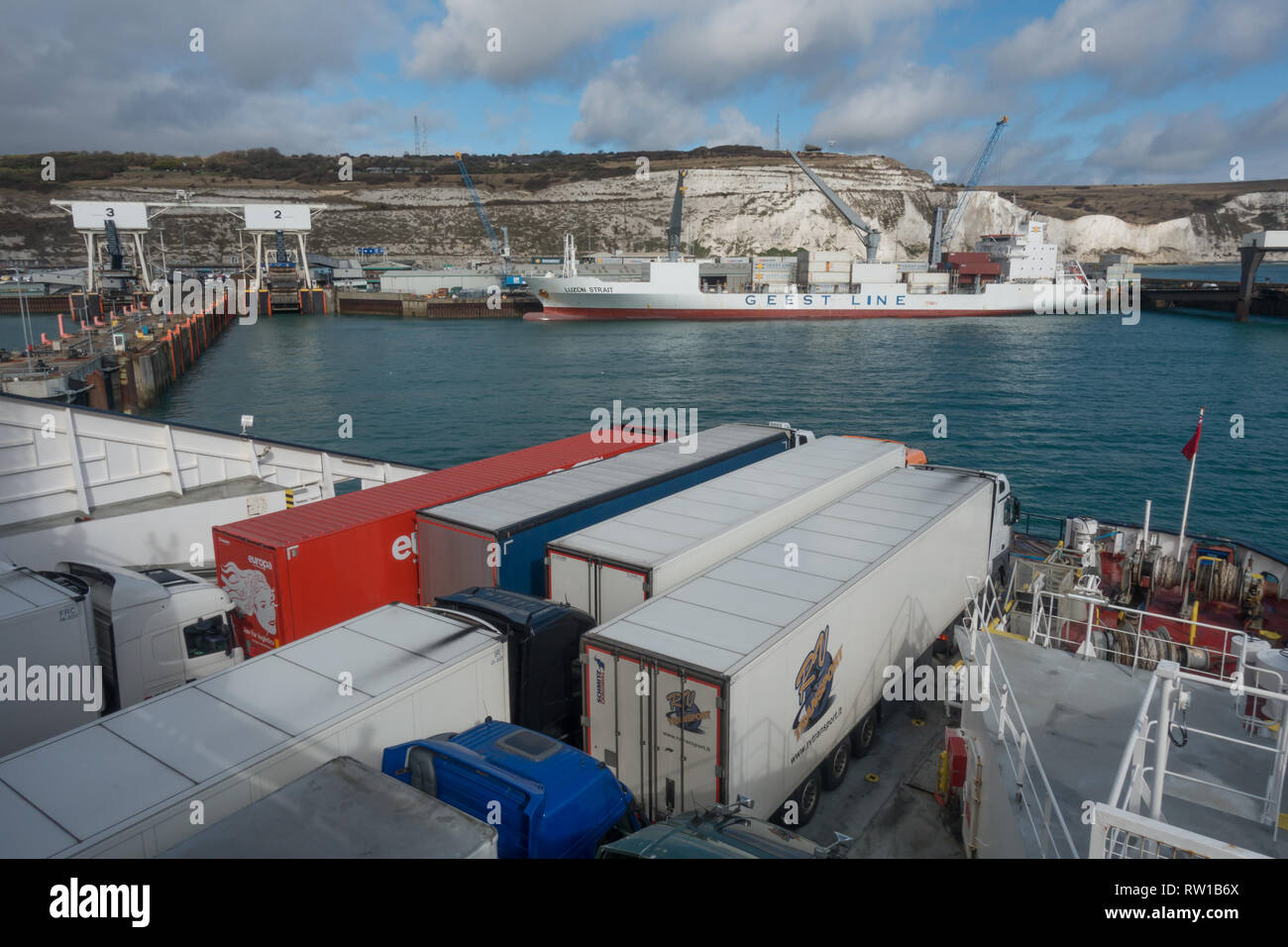 DFDS Ferry at entering Dover port with container lorries on the open