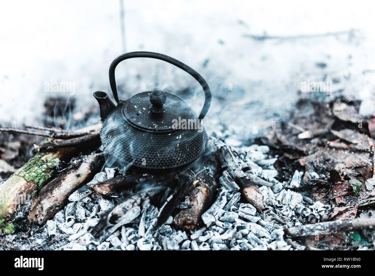 https://c8.alamy.com/comp/RW1BN0/boiling-kettle-with-steam-on-firewood-and-ash-in-winter-forest-RW1BN0.jpg