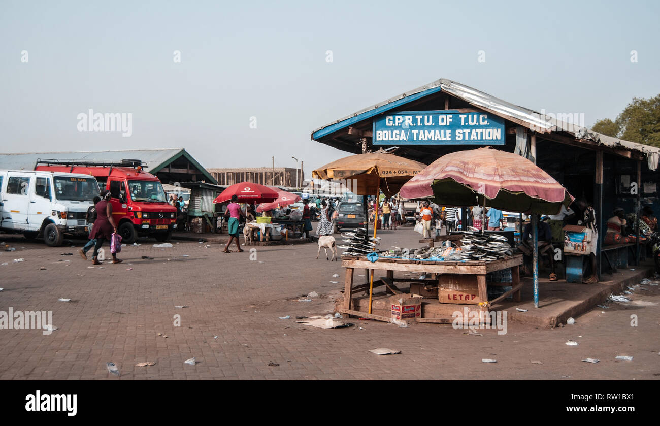 A nice photo of a Bolgatanga (Bolga) bus station in Northern Ghana, West Africa Stock Photo