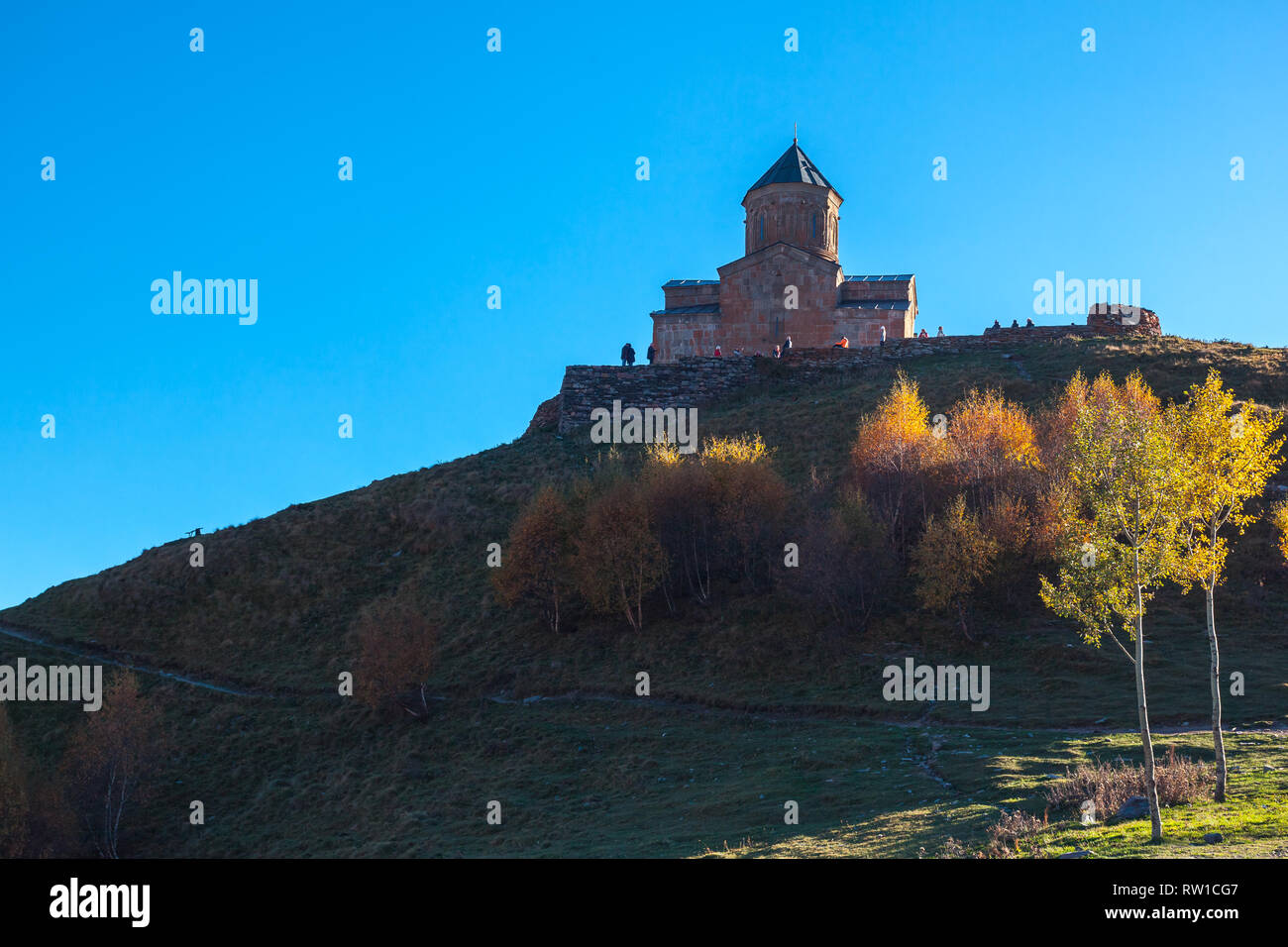 Gergeti Trinity Church in the mountains of the Caucasus, Geogria Stock Photo