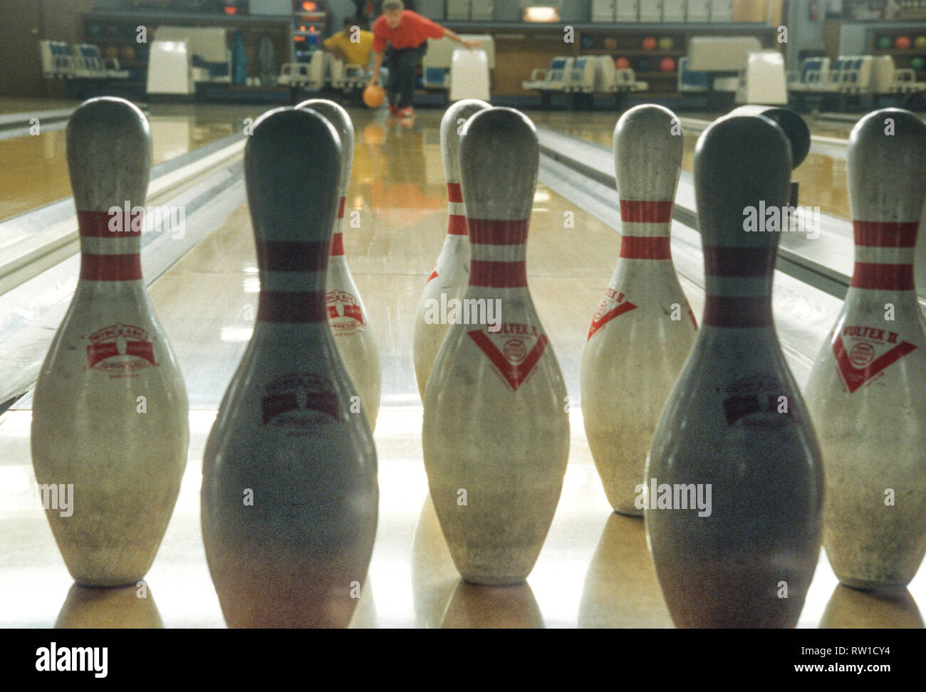 pins set in a bowling alley shot from behind, USA Stock Photo Alamy