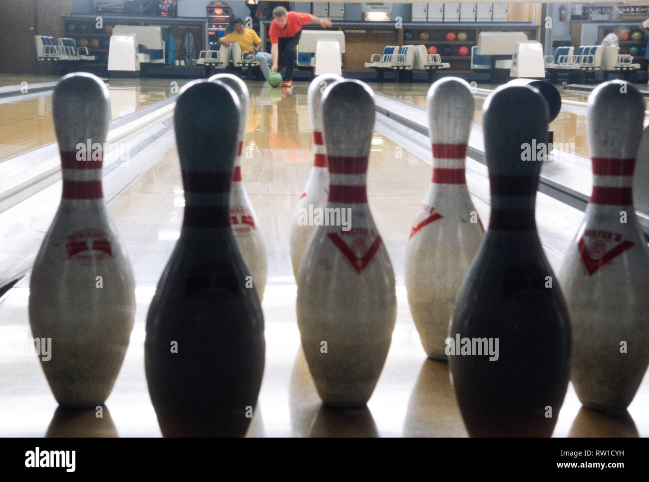 Pins set in a bowling alley shot from behind, USA Stock Photo Alamy