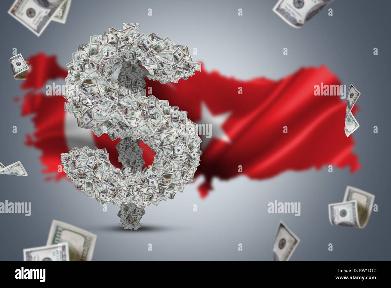 Wavy flag, Turkey map with American cash and dollar banknotes flying around Stock Photo Alamy