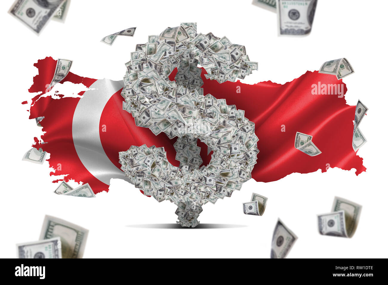 Wavy flag, Turkey map with American cash and dollar banknotes flying around, isolated on white