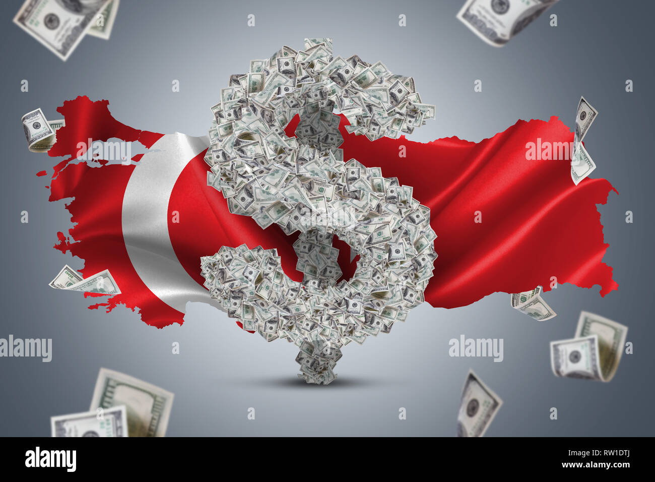Wavy flag, Turkey map with American cash and dollar banknotes flying around Stock Photo Alamy