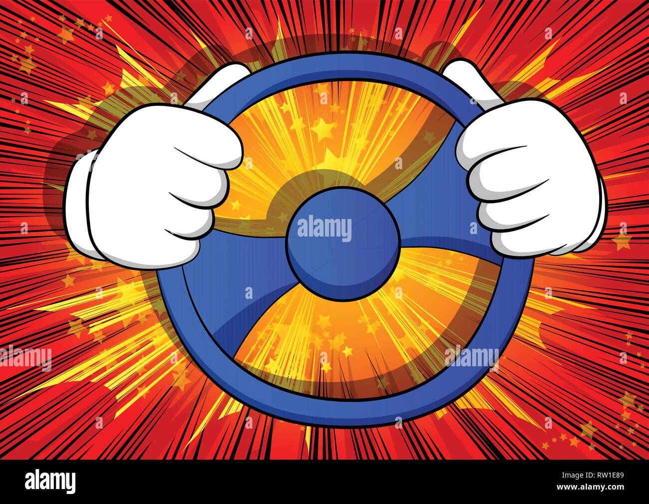 Vector cartoon hands driving, holding a steering wheel. Illustrated