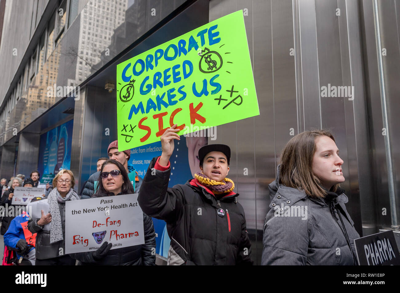 New York, United States. 03rd Mar, 2019. Medical professionals, medical students, ACTUP New York and their supporters held a rousing protest rally on March 2, 2019 outside Pfizer World Headquarters in New York one of the world's largest drug companies. At the beginning of this year, the corporate giant announced price increases for 40 of its drugs. Credit: Erik McGregor/Pacific Press/Alamy Live News Stock Photo