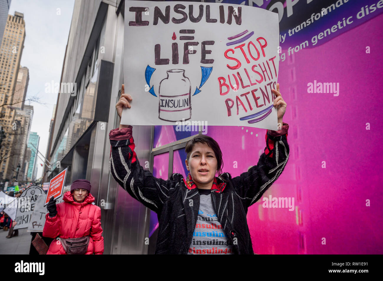 New York, United States. 03rd Mar, 2019. Medical professionals, medical students, ACTUP New York and their supporters held a rousing protest rally on March 2, 2019 outside Pfizer World Headquarters in New York one of the world's largest drug companies. At the beginning of this year, the corporate giant announced price increases for 40 of its drugs. Credit: Erik McGregor/Pacific Press/Alamy Live News Stock Photo