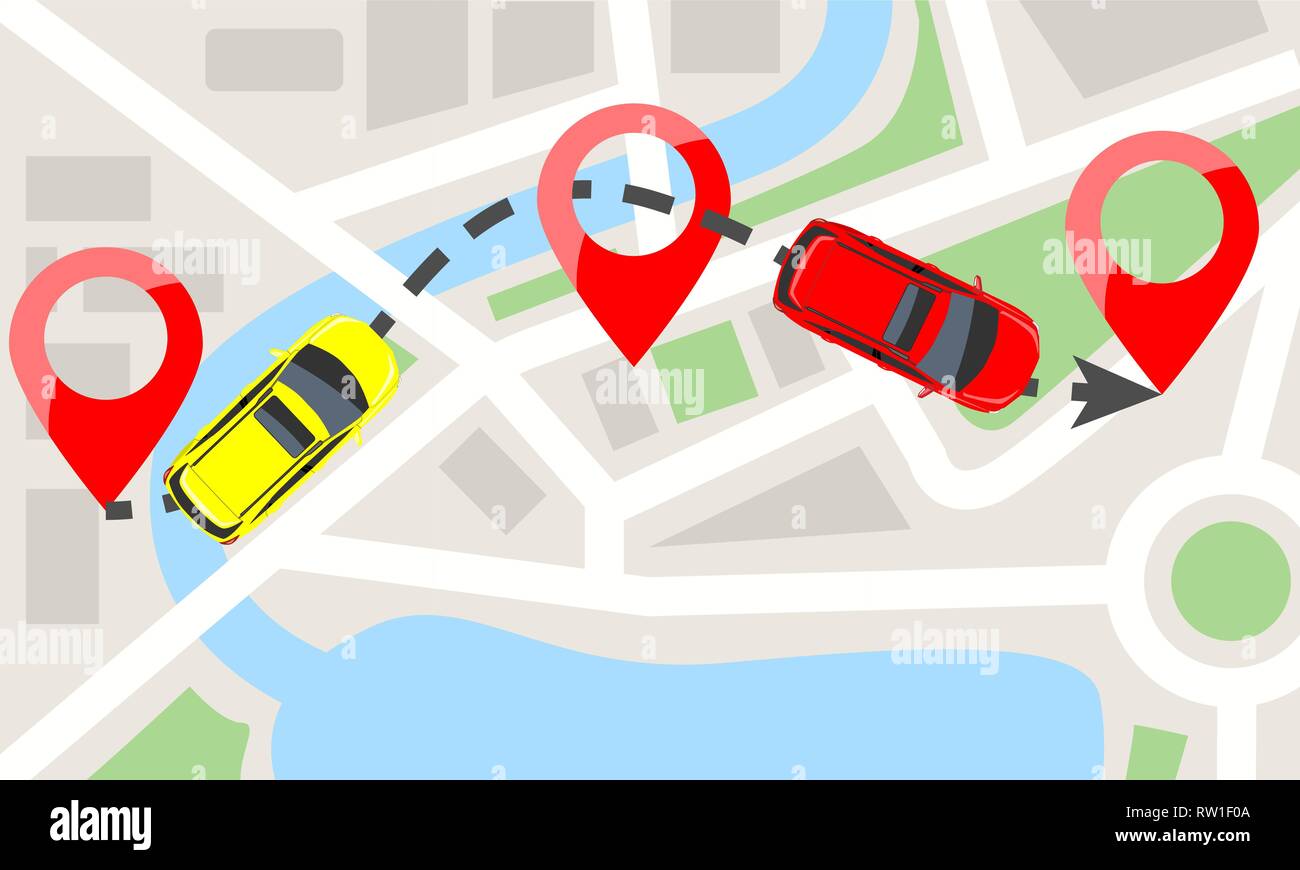 Cars with top view on city map and red pins. Car moving on dotted line