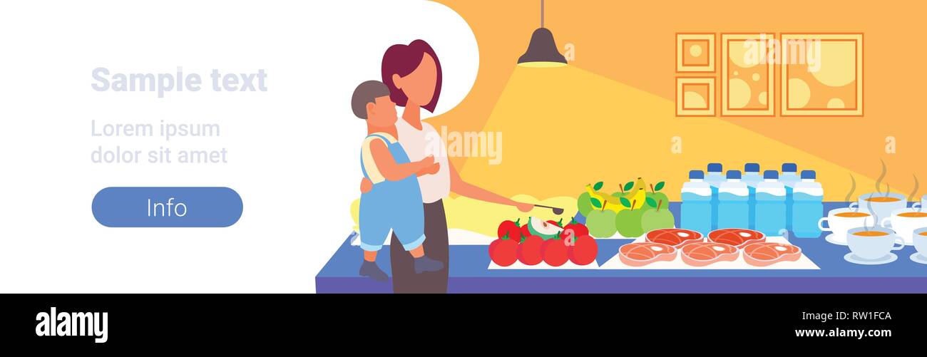 mother with little son tourists choosing dishes from table catering and tourism concept hotel restaurant interior portrait horizontal copy space Stock Vector