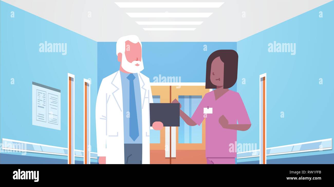 senior doctor and nurse medical team discussing in hospital corridor healthcare concept modern clinic interior portrait horizontal flat Stock Vector