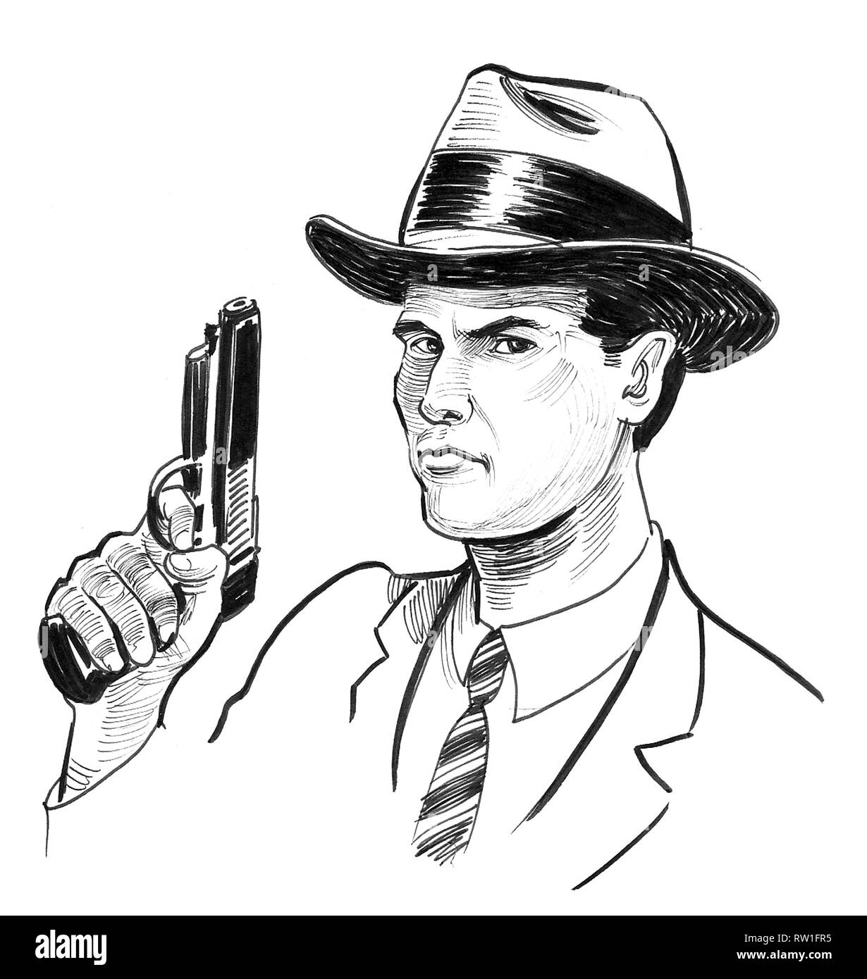 Retro styled gangster holding a gun. Ink black and white drawing Stock Photo